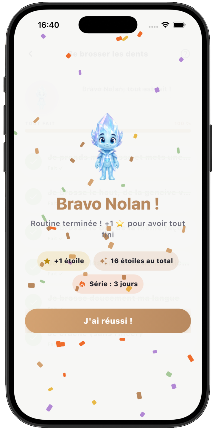 Écran de félicitations après une routine réussie