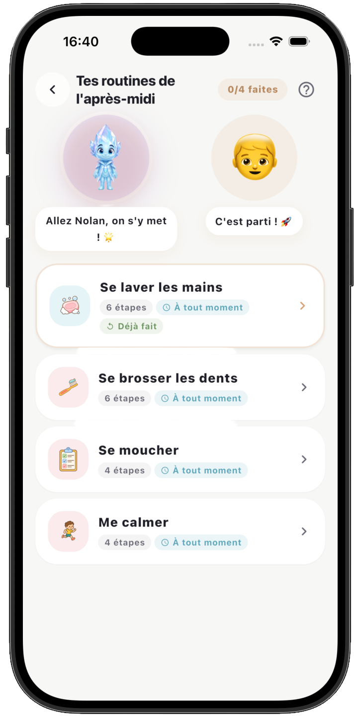 Liste des routines de l'enfant dans Kiddiflow